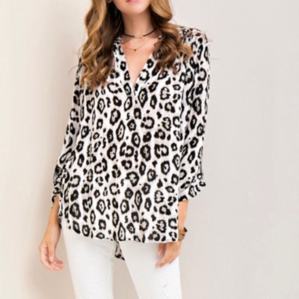 Entro Leopard Tunic V-Neck Blouse - Sz Large - Picture 1 of 6
